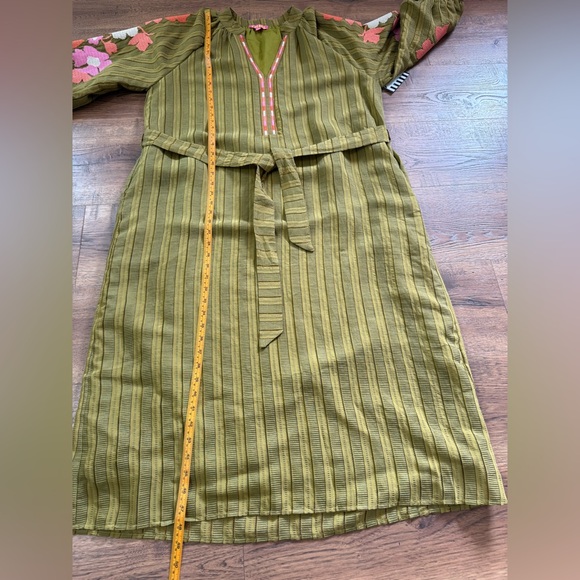 THML Olive Green Embroidered Striped Floral Maxi Dress L Ballon Sleeve. - Picture 8 of 15